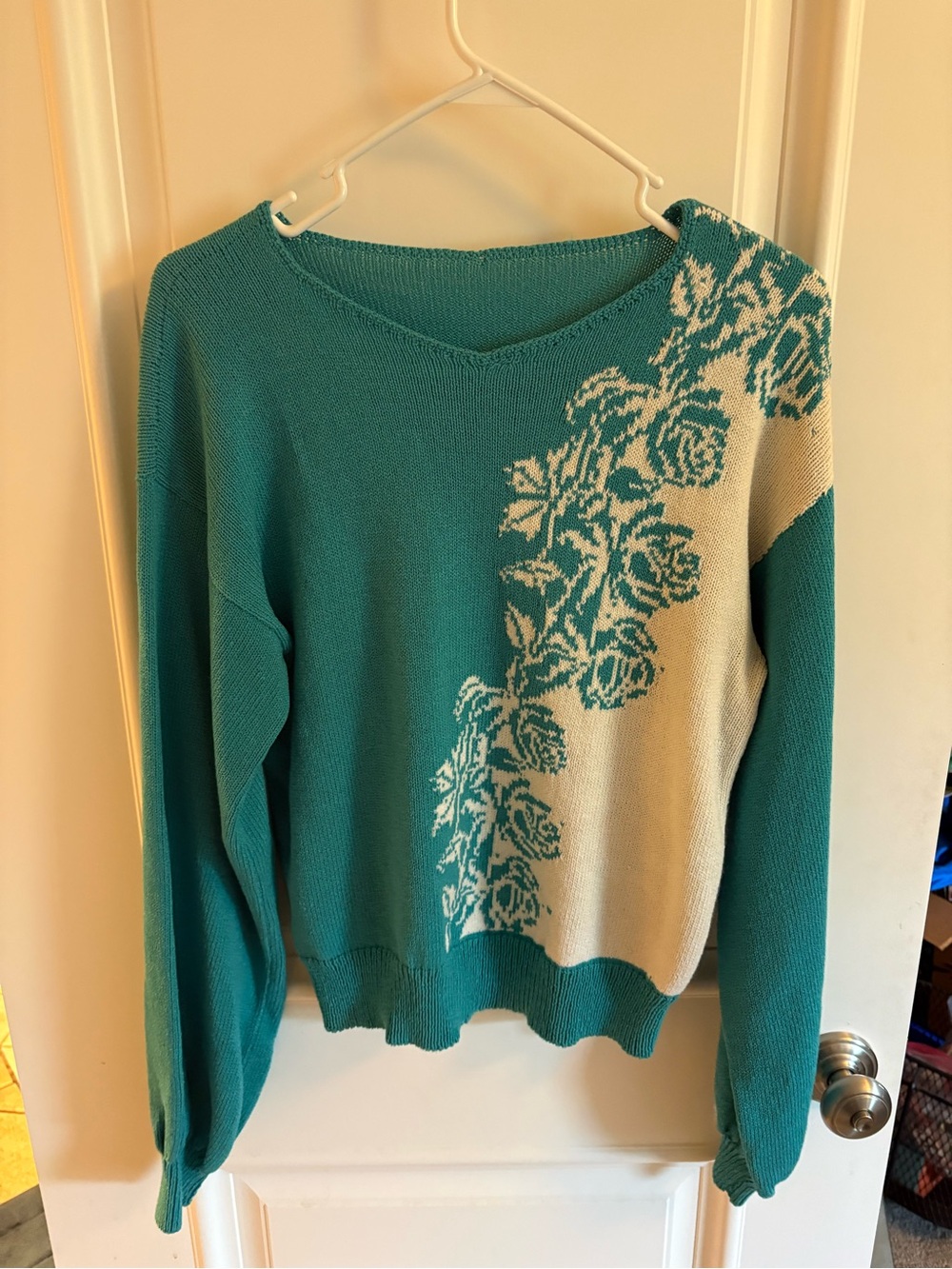 Teal and Cream Floral V-Neck Sweater